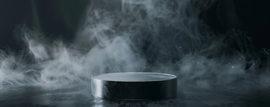 A sleek, metallic silver podium with an empty pedestal stands on a dark background, shrouded in swirling smoke. The podium reflects light subtly, creating a mysterious and dramatic atmosphere. The