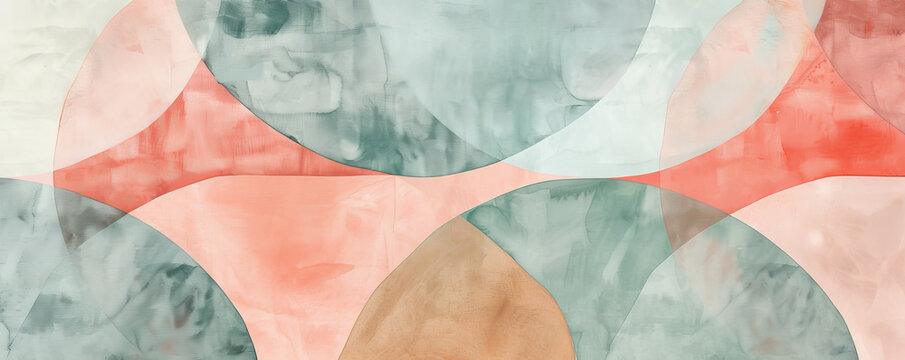 Modern abstract minimalist geometric watercolor art, with a pattern of interlocking shapes in muted Pantone tones such as blush pink, cool mint, and gentle ochre, creating a serene composition.