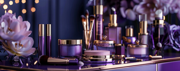 A purple table with makeup products and brushes elegantly arranged on it. The rich color of the table adds a touch of luxury and sophistication to the beauty display.