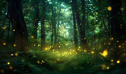 Enchanting forest with glowing fireflies at night