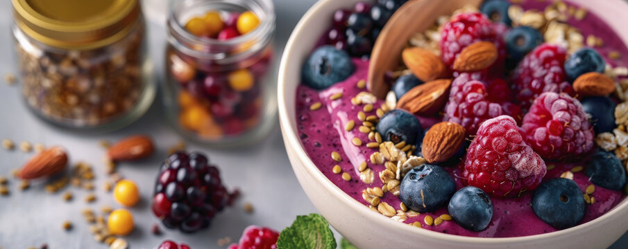 A smoothie bowl topped with a scoop of collagen powder, fresh berries, and nuts, accompanied by a jar of dietary supplements for beauty. The colorful and nutritious presentation underscores the