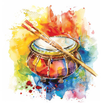 A colorful watercolor illustration of a santur, featuring a mix of bold and dynamic colors, isolated on white background.