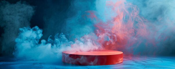 A vibrant red podium with an empty pedestal set against a deep blue background, surrounded by...