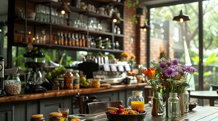 Fototapeta premium Brunch in a cozy cafe with a variety picture