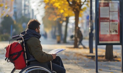 Obraz premium young man in wheelchair reading street information board with backpack and documents in autumn