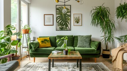 Living room with a green velor sofa img