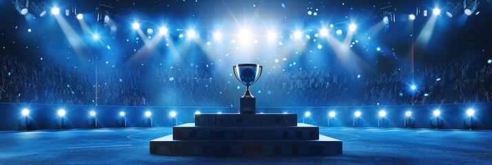 Trophy on a podium with bright lights in background