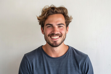 Fototapeta premium Smiling Man with Curly Hair Against White Background