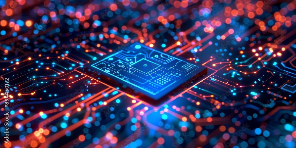 Poster high-resolution image of a futuristic microchip on an illuminated circuit board with glowing connect