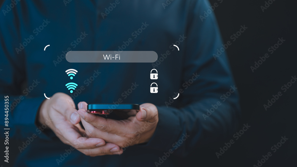 Poster While using a smartphone, a man faces difficulties connecting to Wi-Fi, encountering either connection issues or incorrect password, leading to a delay in loading digital data from websites.