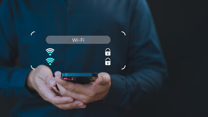 While using a smartphone, a man faces difficulties connecting to Wi-Fi, encountering either connection issues or incorrect password, leading to a delay in loading digital data from websites.