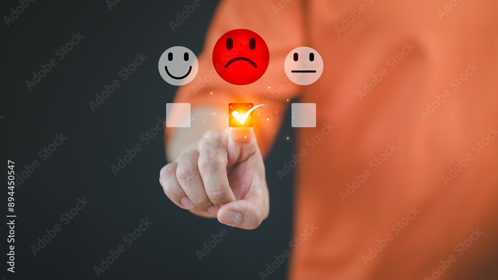 Poster engaging in an online customer feedback survey, a male user touching to display an angry emoticon on