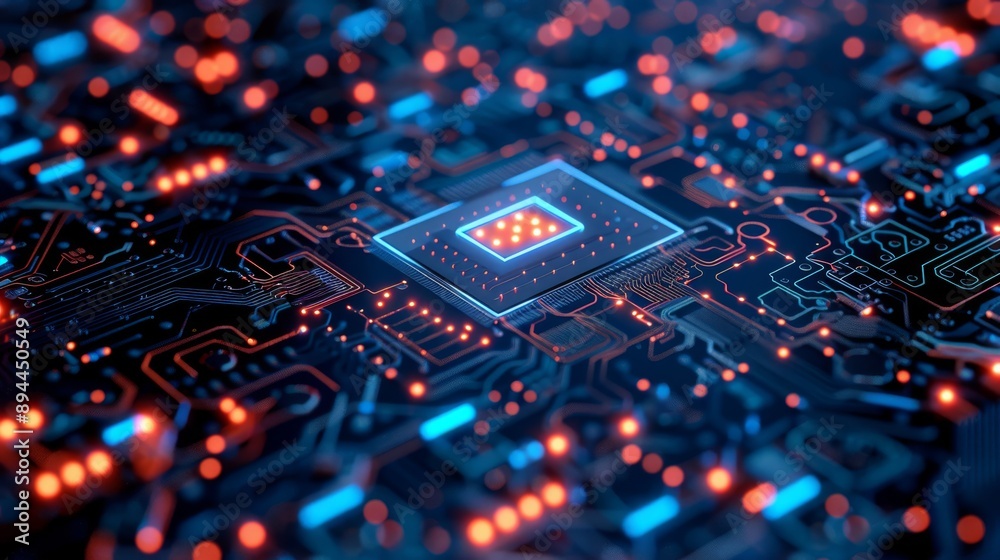 Poster an advanced microchip is placed on a circuit board with illuminated lights symbolizing hightech elec