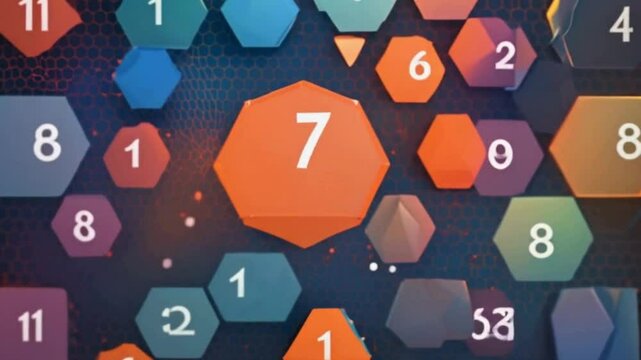 Mathematical equation visualization, hexagon and square grid, numbers and symbols