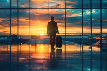 Silhouette of traveler in airport terminal at sunrise.