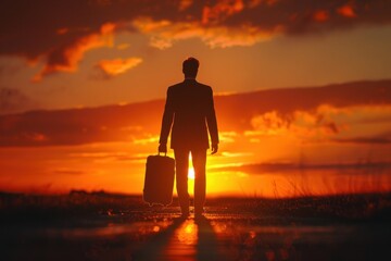 Fototapeta premium Silhouette of man with suitcase walking at fiery sunset