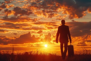 Obraz premium Man with suitcase walks through prairie at sunset hour