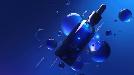 Blue Serum Bottle with Dropper and Floating Spheres