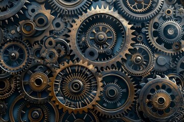 A detailed close-up shot of various interlocking gears and mechanisms