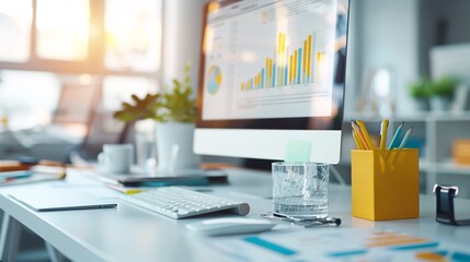 Naklejka premium An office with SEO graphs and business charts, emphasizing content creation