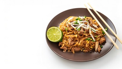 Beef Pad Thai made with organic rice noodles, a common menu item at Asian restaurants,  usually contains vegetables and tofu. isolated on white background.  Asian, Chinese, Thai food concept
