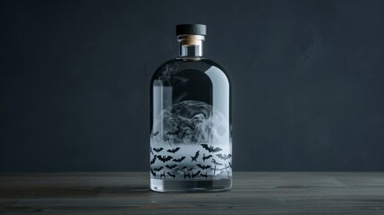 4. Halloween bottle featuring a ghostly mist inside, with intricate designs of bats and full moon, beautifully displayed, unique and eye-catching