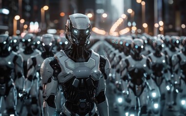 A group of robots are walking down a street. The robots are all white and have blue eyes. The scene is set in a futuristic city with bright lights and tall buildings