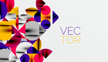 Color beautiful circles, semi circles, squares and round triangles. Geometric mosaic style pattern abstract background for wallpaper, banner, backdrop, card, book Illustration, landing page