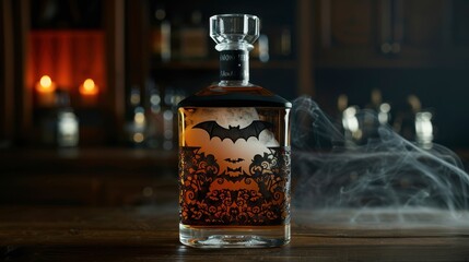 4. Halloween bottle featuring a ghostly mist inside, with intricate designs of bats and full moon, beautifully displayed, unique and eye-catching