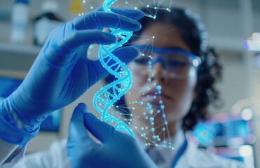 A woman is holding a DNA strand in her hands. Concept of scientific discovery and exploration