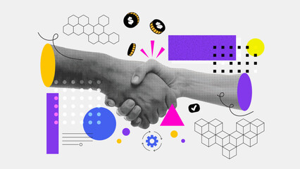 A collage banner with a handshake theme. Human hands make a deal. Handling halftone effect with doodles on grey background with hand drawn texture. Vector trendy illustration