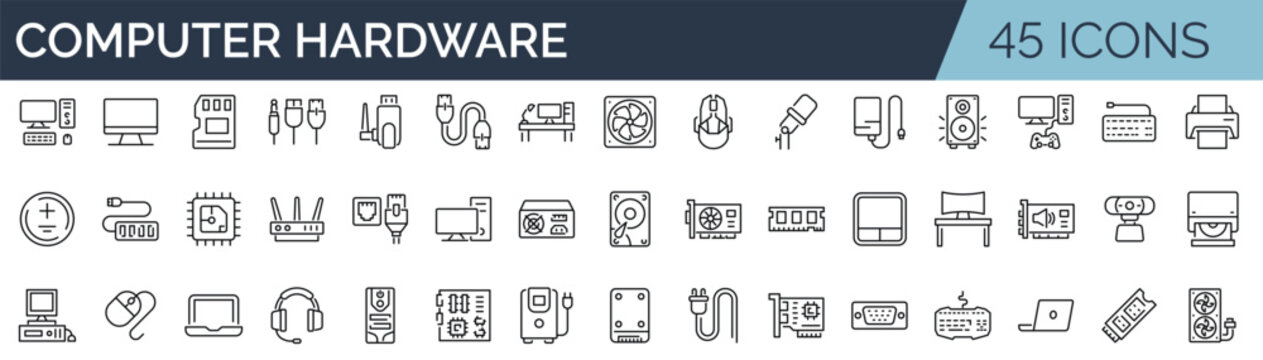 Set of 45 outline icons related to pc, laptop, computer hardware component . Linear icon collection. Editable stroke. Vector illustration