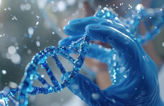 A blue DNA strand is being held by a person wearing blue gloves. Concept of scientific exploration and discovery, as the person is likely a scientist or researcher studying the structure