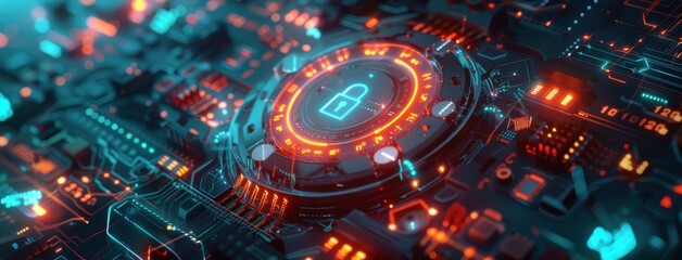A close up of a computer chip with a red and orange lock symbol. Concept of security and protection, as the lock symbolizes a barrier or safeguard