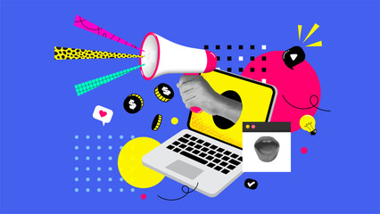Contemporary art collage. Halftone collage with a laptop and a hand holding a loudspeaker.  News spreading. Concept of social media addiction, popularity, influence, modern lifestyle and ad.  Vector i