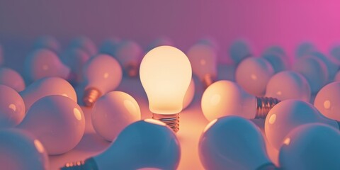 A bunch of light bulbs are lit up, with one of them being the brightest. Concept of brightness and illumination, as the light bulbs are all lit up and shining