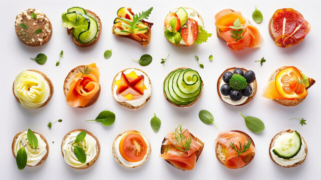 Assorted Gourmet Canap&eacute;s with Fresh Ingredients on White Background