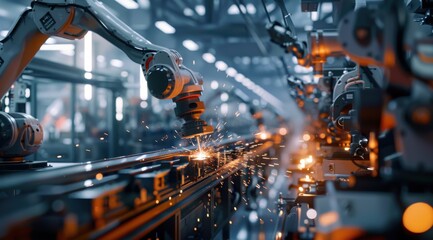 Fototapeta premium A robot is working on a machine in a factory. The robot is surrounded by other robots and machines, and the scene is very industrial. Scene is one of efficiency and productivity