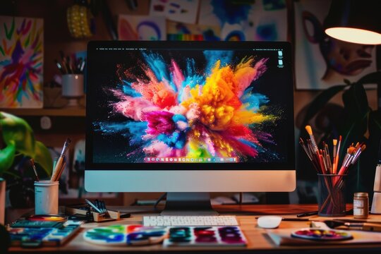 A computer monitor is on a desk with a variety of art supplies, including paintbrushes, a cup, and a potted plant. Concept of creativity and artistic expression