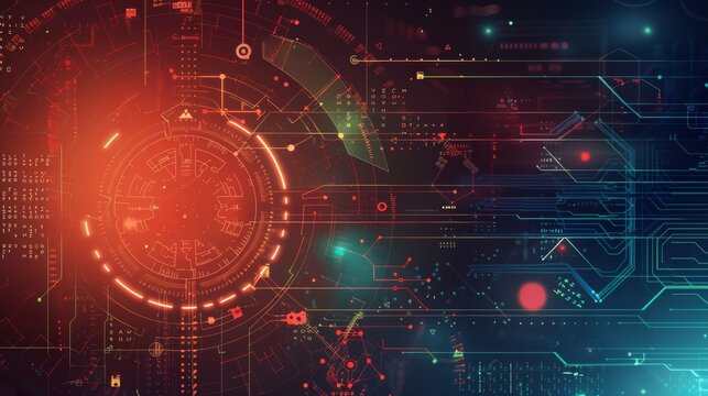 Hightech digital interface with red and blue cyber elements, data nodes for abstract coding and cyber networking