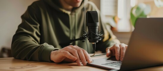 A man is typing on a laptop with a microphone in front of him. He is wearing a green hoodie