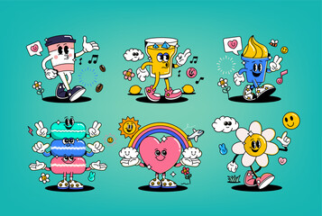 Funny cartoon characters on various topics. Can be used as Sticker, posters, prints. The comic elements in trendy retro cartoon style. Vector illustration