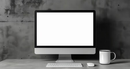 A computer monitor sits on a desk next to a mug. The monitor is black and white and has a blank screen. The scene is simple and minimalistic, with the focus on the computer monitor