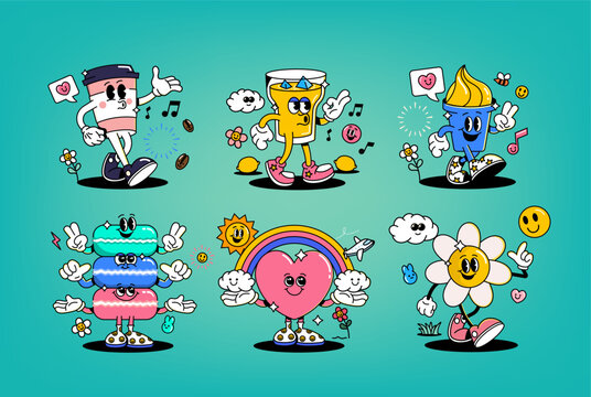 Funny cartoon characters on various topics. Can be used as Sticker, posters, prints. The comic elements in trendy retro cartoon style. Vector illustration