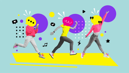 Creative collage artwork poster of young happy people move business affair conference conversation isolated on blue background. Contemporary art. Vector illustration