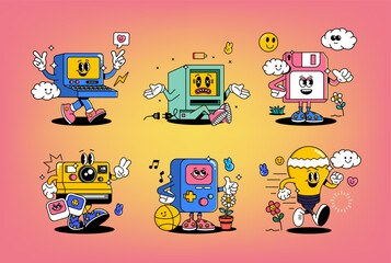 Funny cartoon characters on various topics. Can be used as Sticker, posters, prints. The comic elements in trendy retro cartoon style. Vector illustration © darkovujic