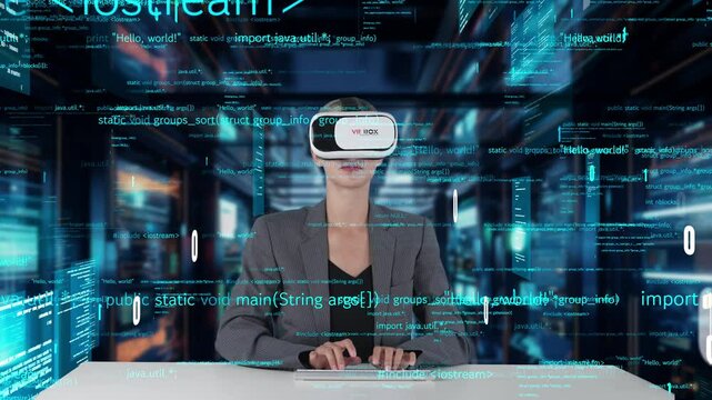 IT developer typing computer code for analyzing intelligent website development coder system data selection by VR innovation interface digital network technology visual hologram server. Contraption.