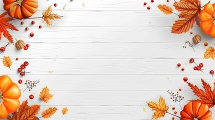 Obraz premium Fall harvest display pumpkins, leaves, rowan berries on white wooden background with copy space