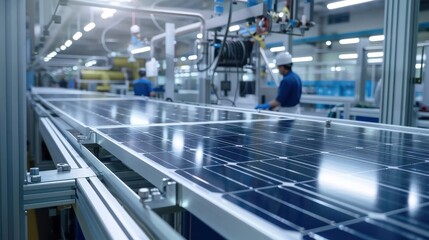A man is working on a solar panel assembly line. Concept of industry and efficiency, as the man is focused on his task. The solar panels are being manufactured in a factory setting