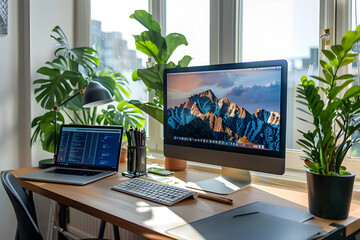 Fototapeta premium Cozy home office setup with a laptop, monitor, and green plants on a wooden desk.